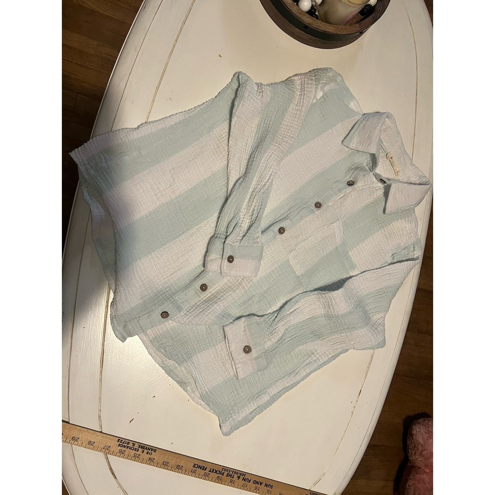 Ron Jon Surf Shop Gauze Button Up Shirt Small White Mint Striped Beach Coastal